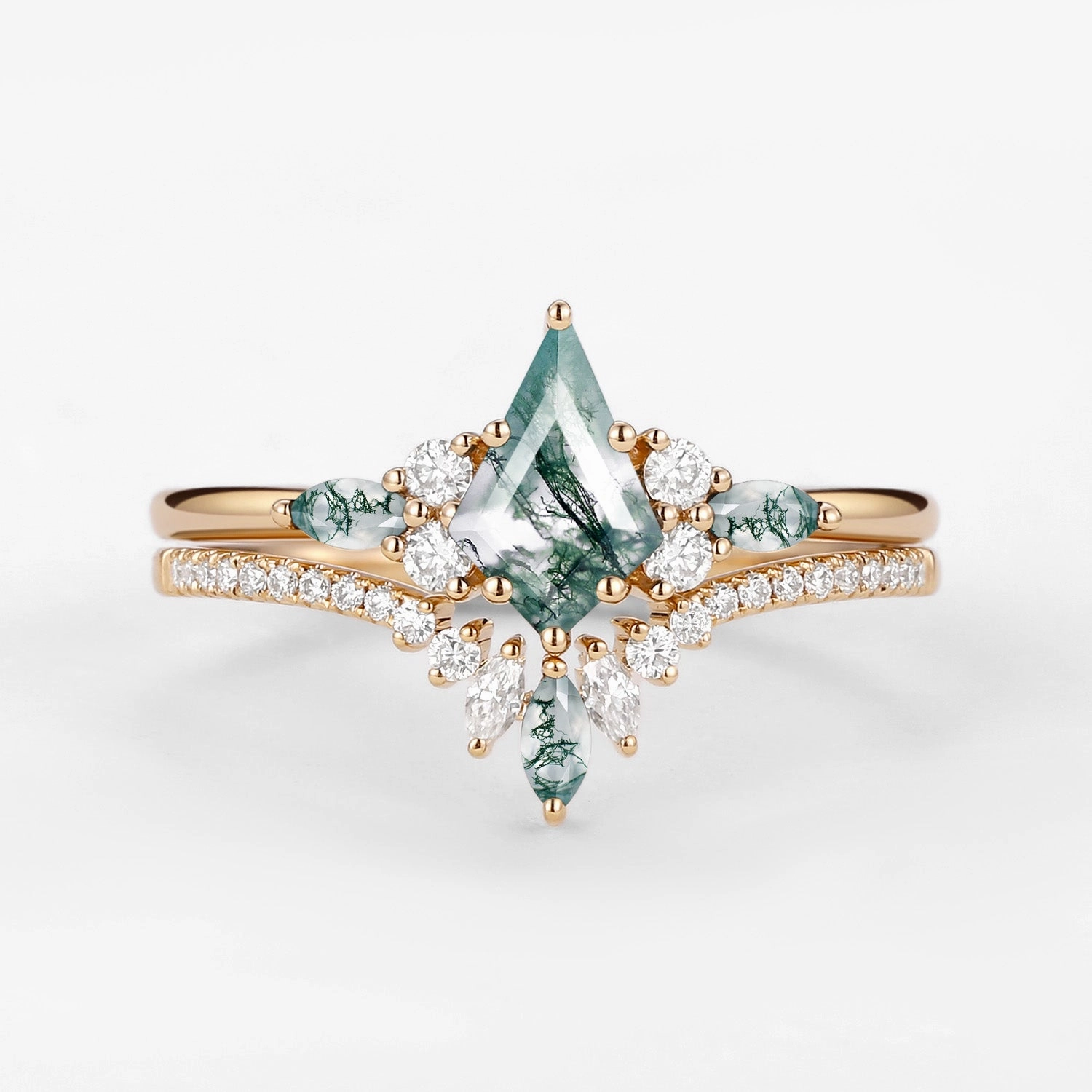 Kite Cut Green Moss Agate Three Stone Engagement Bridal Set 2pcs - Rebecca Breezy Look