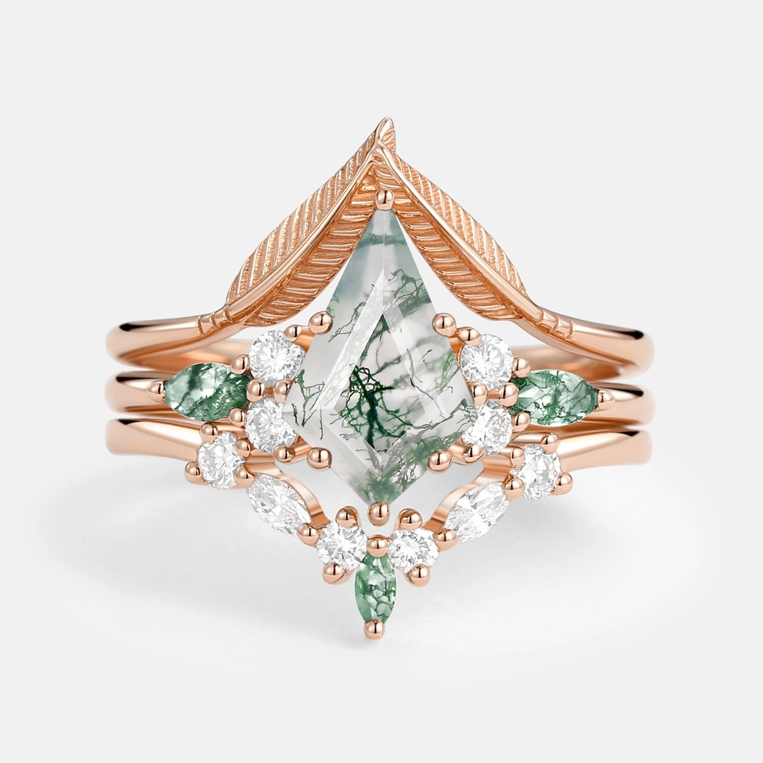 Refined Charm Cool Form Kite Cut Green Moss Agate Three Stone Engagement Bridal Set 3pcs