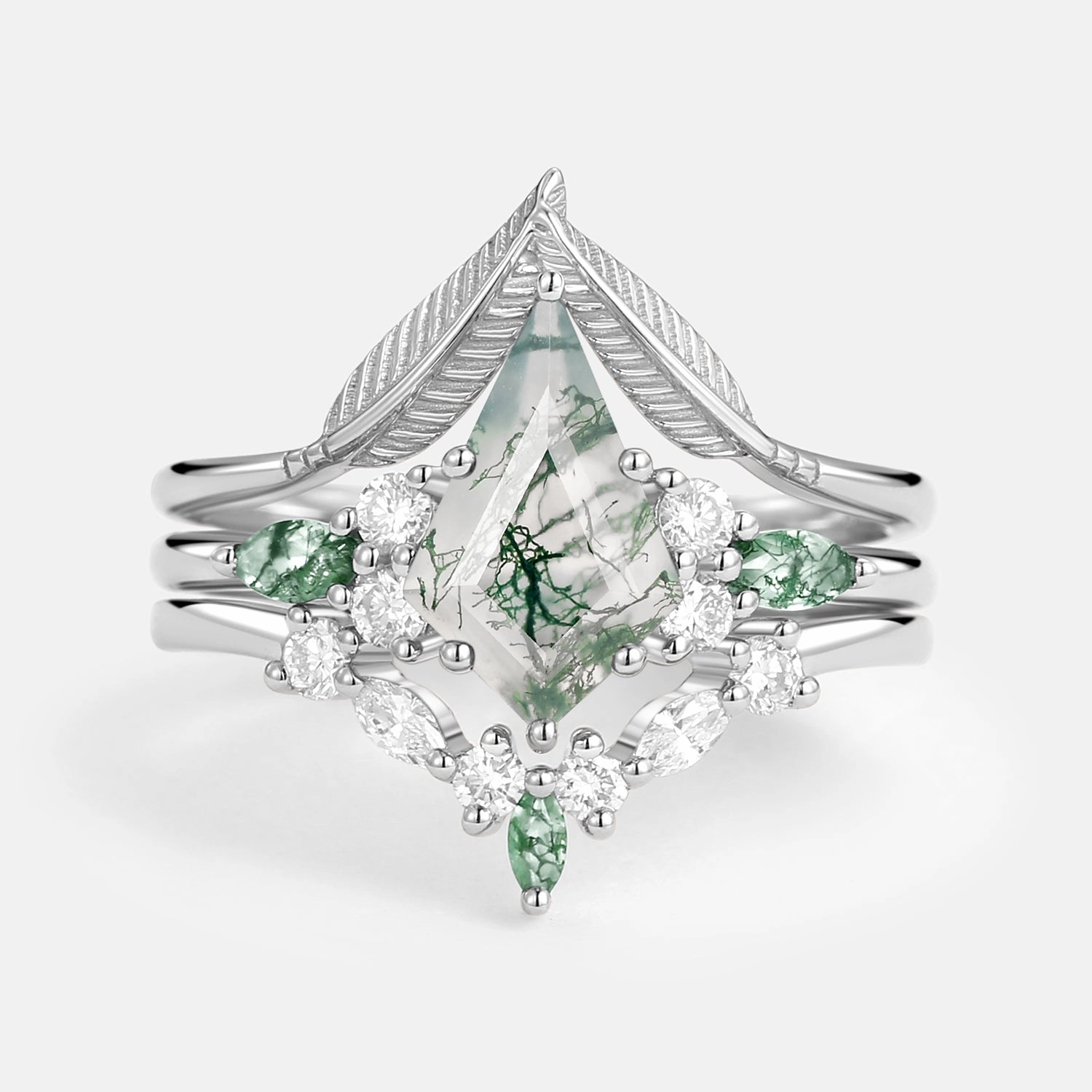 Balanced Accent Kite Cut Green Moss Agate Three Stone Engagement Bridal Set 3pcs