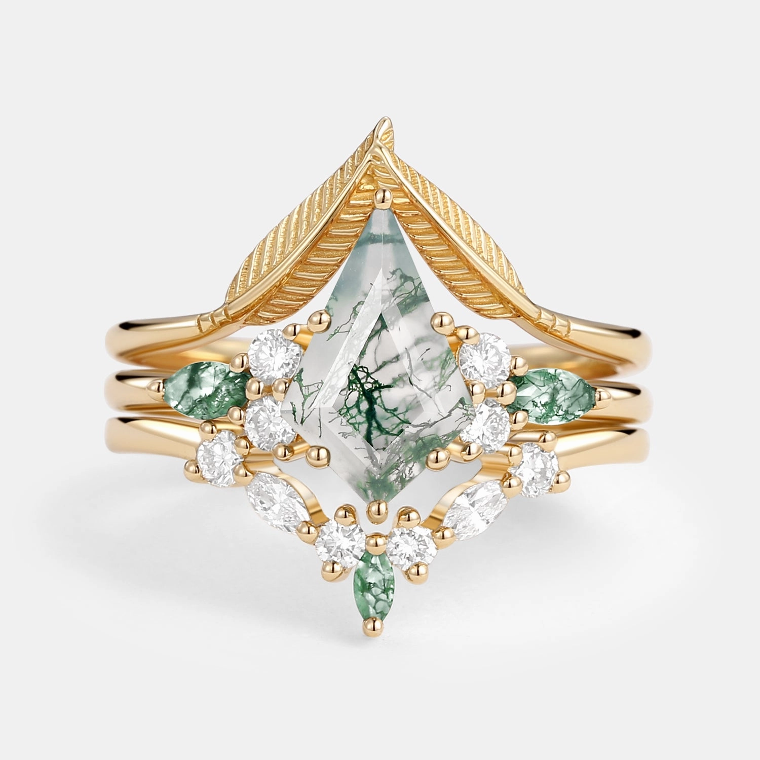 Kite Cut Green Moss Agate Three Stone Engagement Bridal Set 3pcs Fall Mood