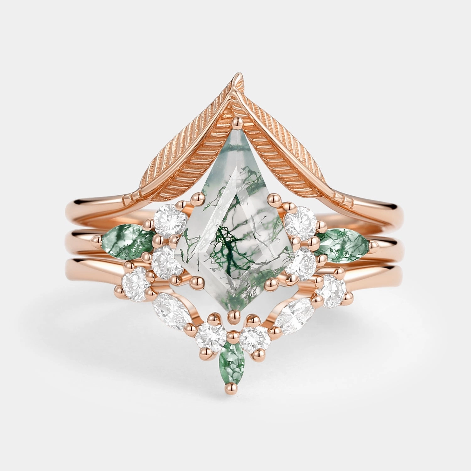 Petite Shine Kite Cut Green Moss Agate Three Stone Engagement Bridal Set 3pcs