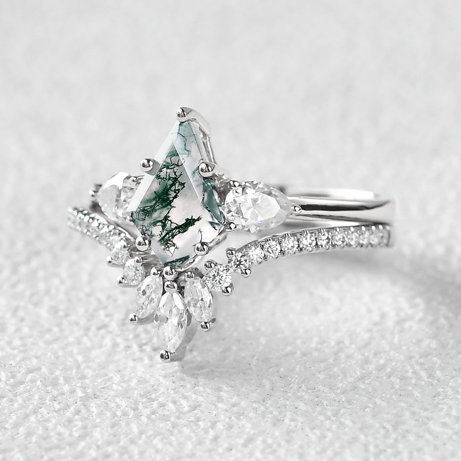 Gloss Accent Kite Cut Green Moss Agate White Gold Engagement Ring Set 2pcs