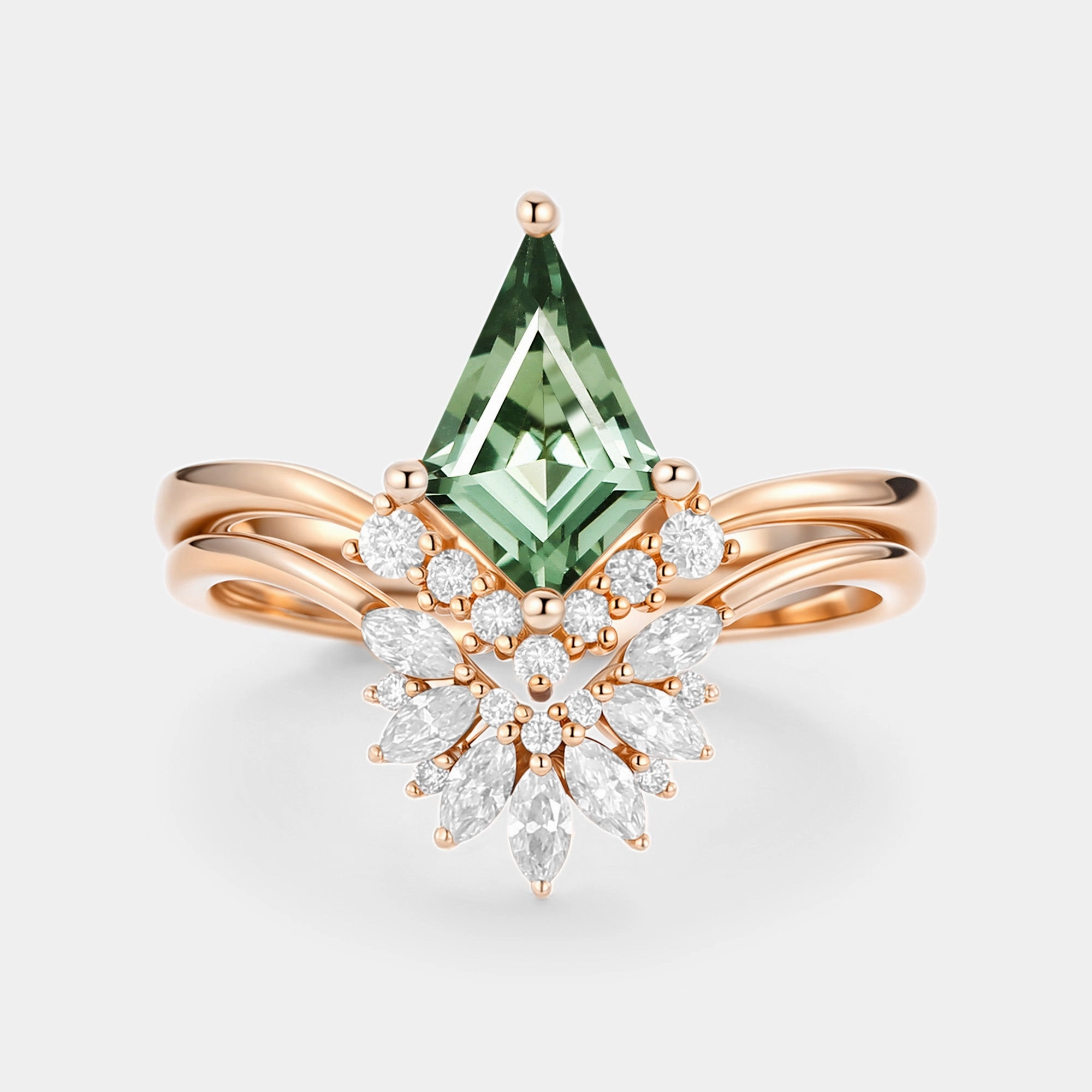 Kite Cut Lab Green Sapphire Cluster Engagement Ring Set 2pcs - Vane Modern Design Subtle Sparkle