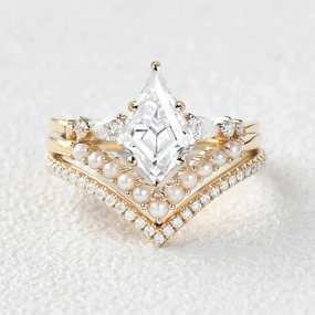 Everyday Pick Kite Cut Moissanite Pearl Stacking Engagement Bridal Set 3pcs