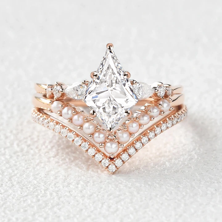 Kite Cut Moissanite Pearl Stacking Engagement Bridal Set 3pcs Refined Craft Distinctive Shine