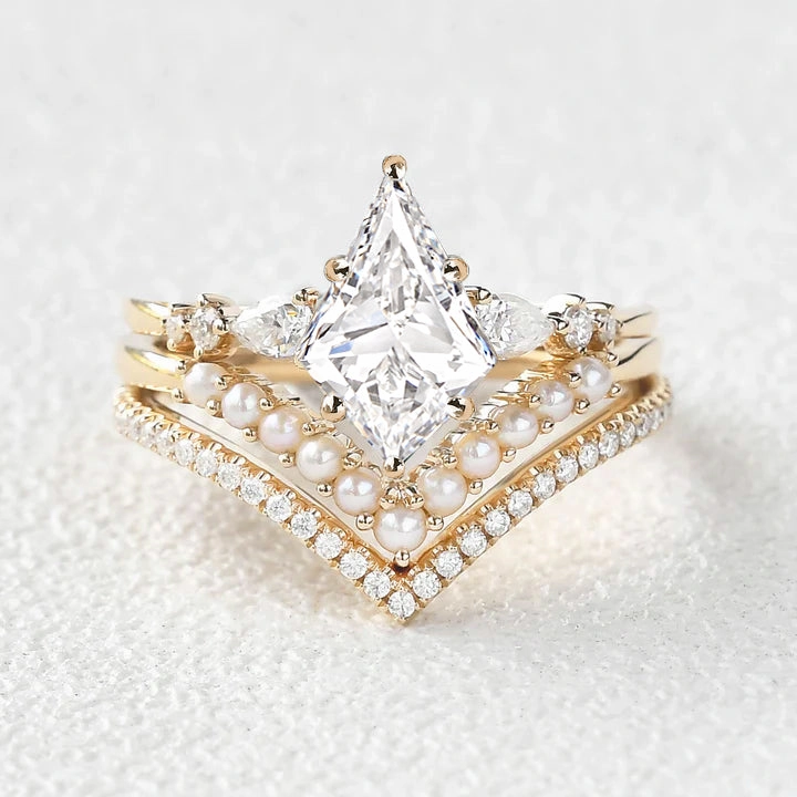 Kite Cut Moissanite Pearl Stacking Engagement Bridal Set 3pcs Classic Charm