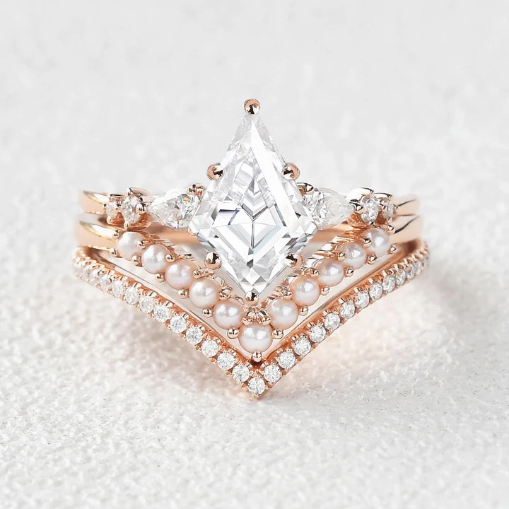 Kite Cut Moissanite Pearl Stacking Engagement Bridal Set 3pcs Sparkling Jewelry Formal Wear
