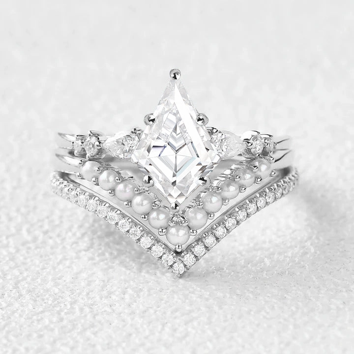 Kite Cut Moissanite Pearl Stacking Engagement Bridal Set 3pcs Chic Accessories Bold Jewelry Pieces