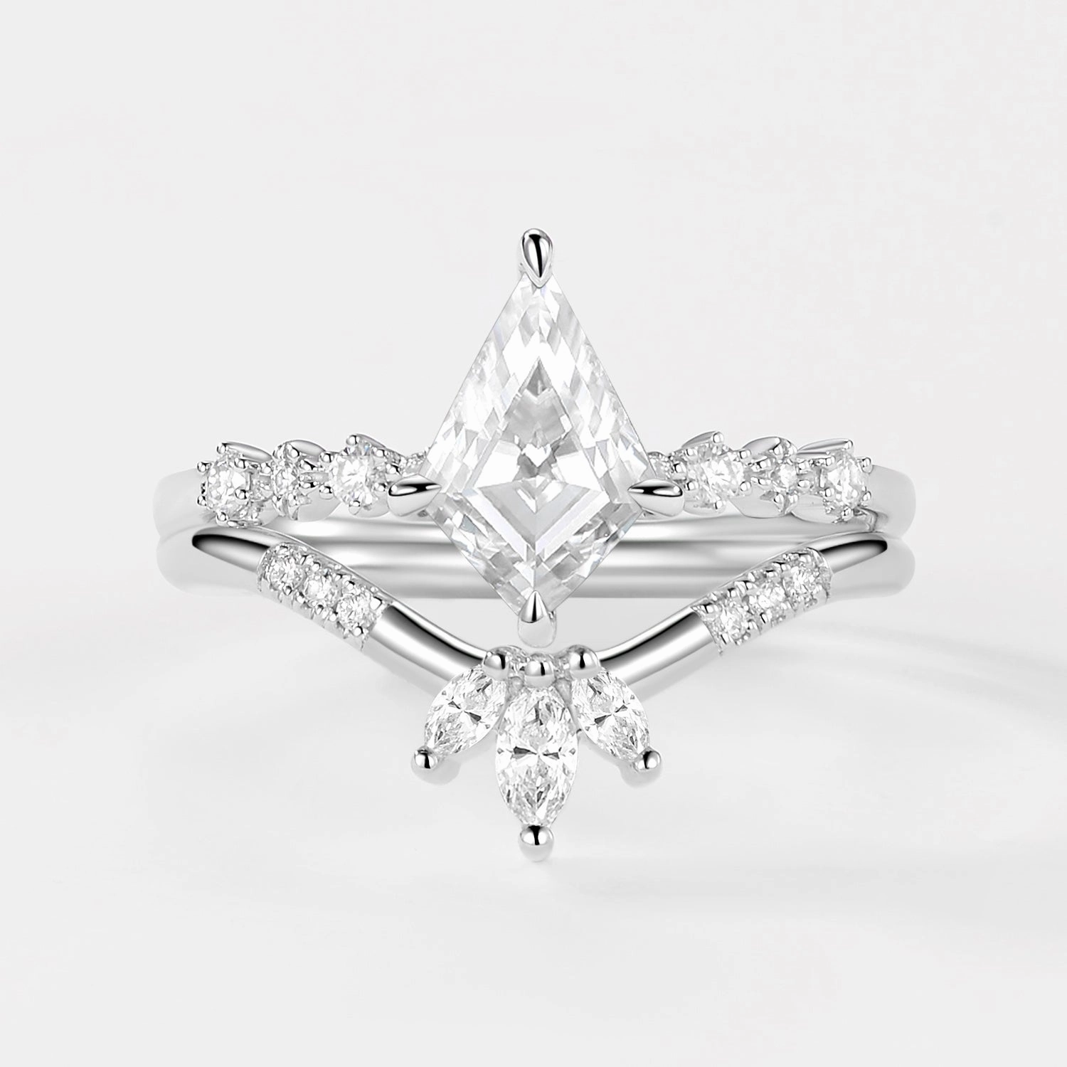 Kite Cut Moissanite Stacking Engagement Ring Sets 2pcs Elegant Snap Artisan Accent