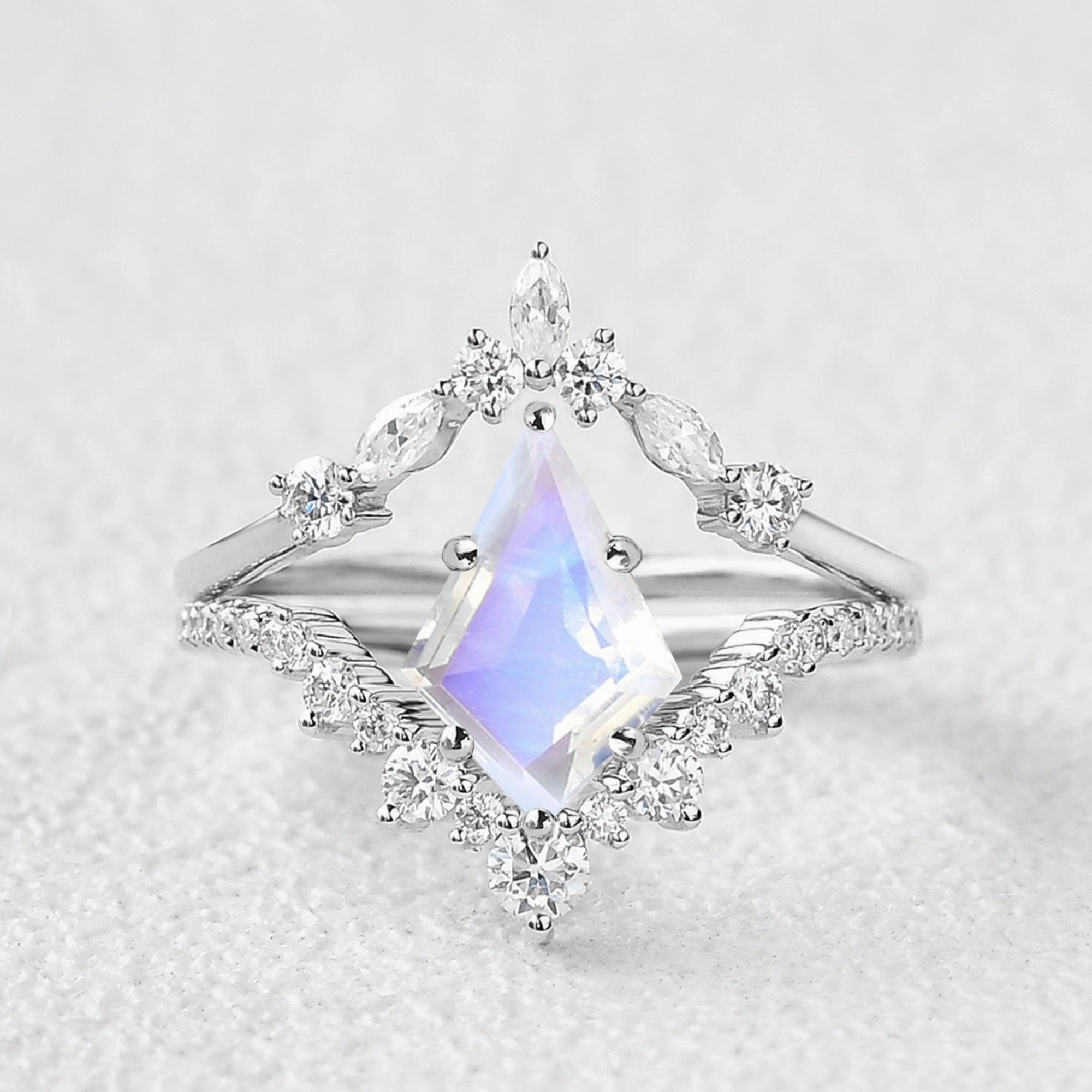 Power Look Kite Cut Moonstone Chevron Engagement Ring Set 2pcs