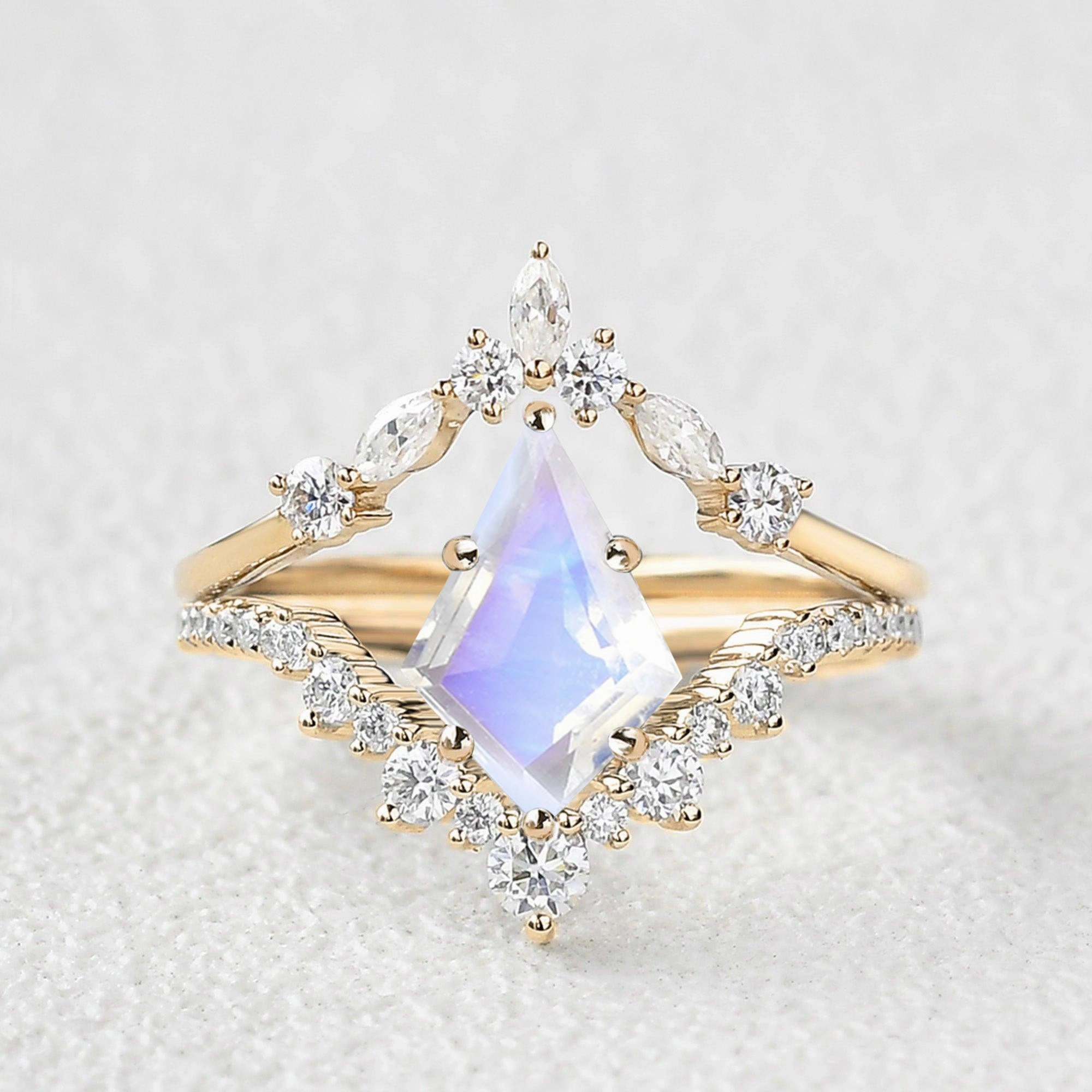 Kite Cut Moonstone Chevron Engagement Ring Set 2pcs Fashion Sparkle Subtle Edge