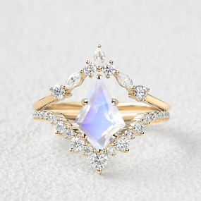 Kite Cut Moonstone Chevron Engagement Ring Set 2pcs Fashion Sparkle Subtle Edge