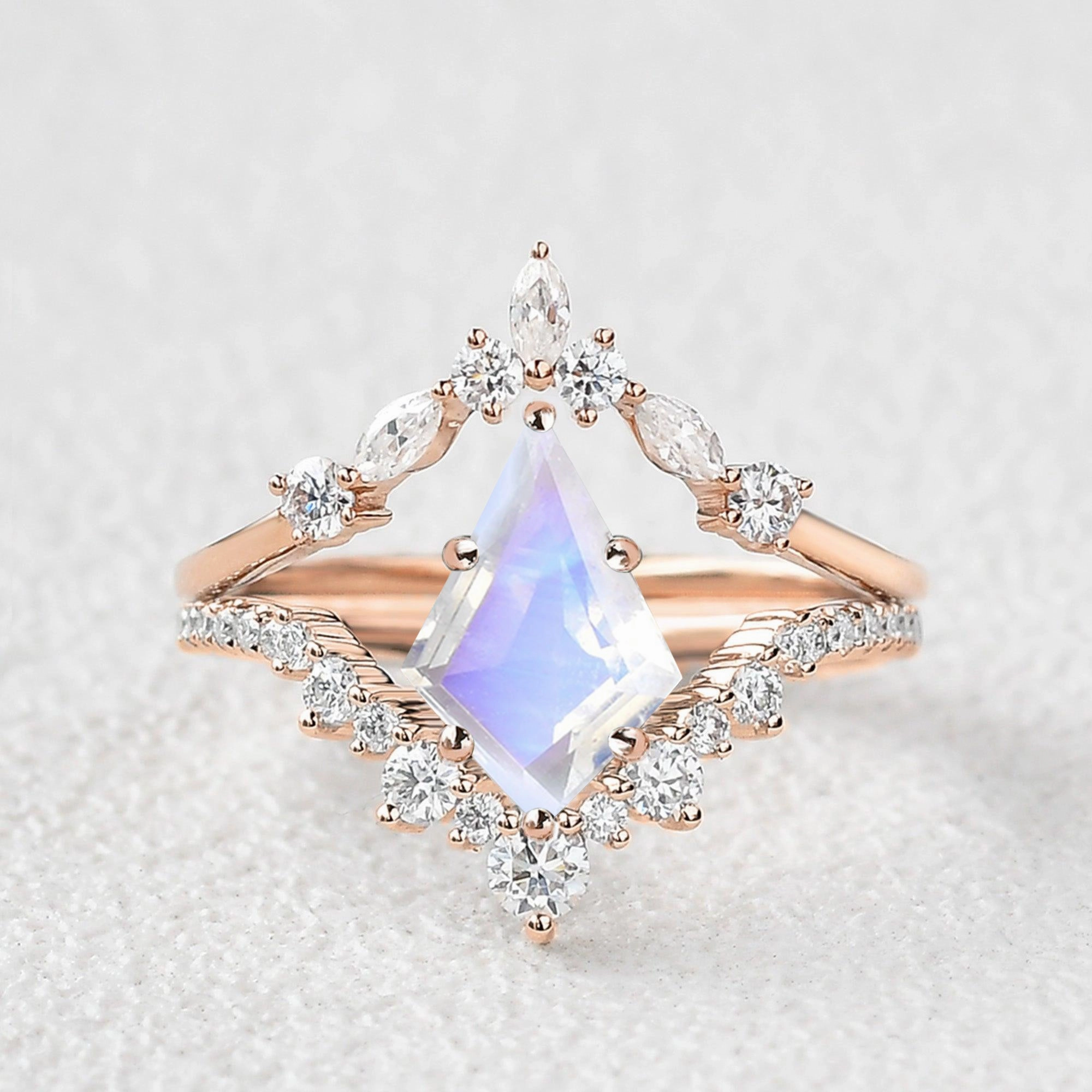 Kite Cut Moonstone Chevron Engagement Ring Set 2pcs Beauty Element