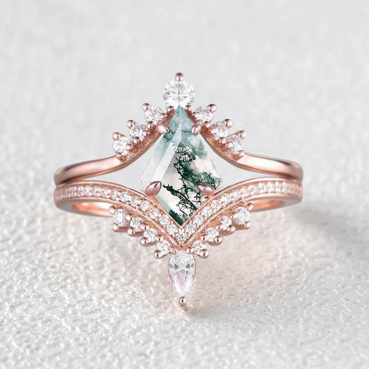 Kite Cut Moss Agate Deep V Chevron Engagement Ring Set 2pcs Party Design Statement Ready