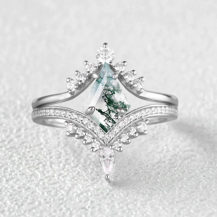 Kite Cut Moss Agate Deep V Chevron Engagement Ring Set 2pcs Night Mood
