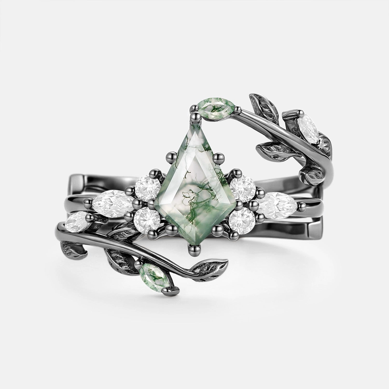 Vibrant Feel Kite Cut Moss Agate Leafy Cage Engagement Ring Set 2pcs - Vern
