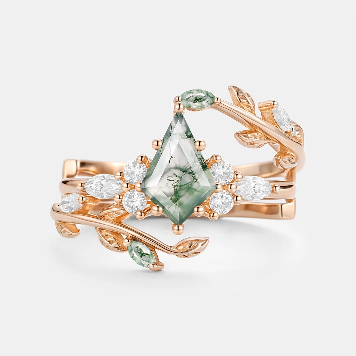 Subtle Edge Evening Accent Kite Cut Moss Agate Leafy Cage Engagement Ring Set 2pcs - Vern