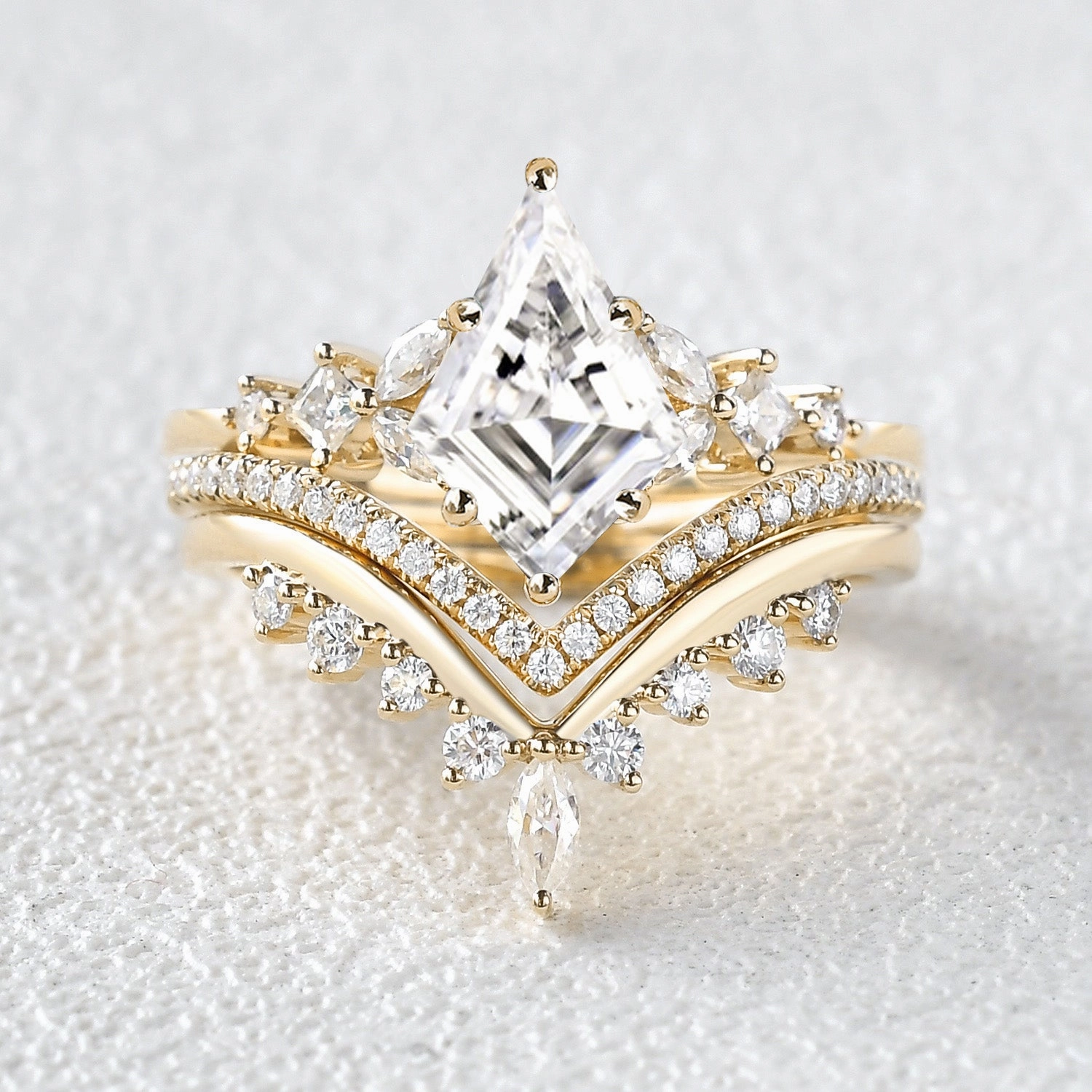 Kite Cut Moss Agate Stacking Luxurious Engagement Bridal Set 3pcs Custom Design Pieces