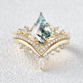 Kite Cut Moss Agate Stacking Luxurious Engagement Bridal Set 3pcs Event Edge Classic Pairing