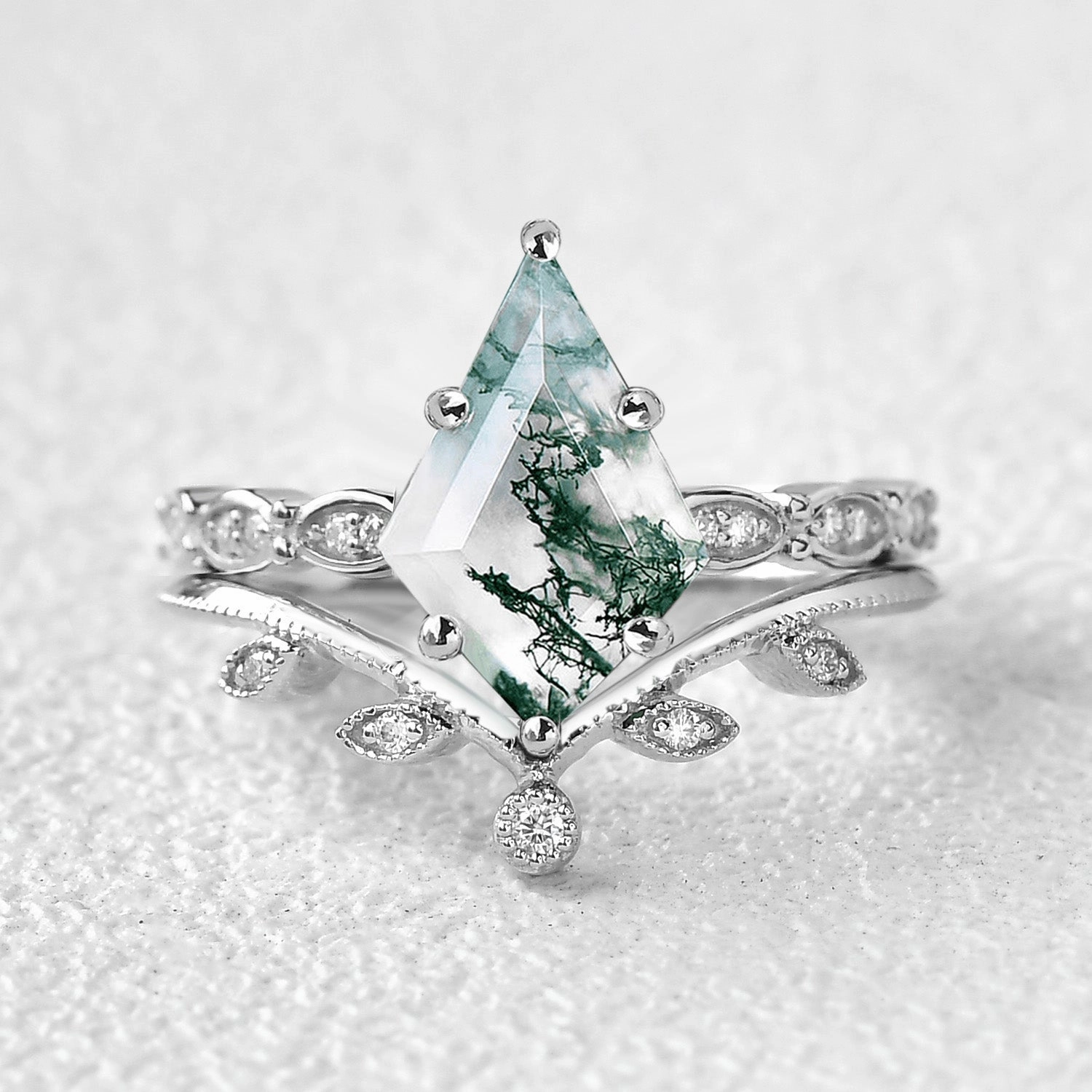 Kite Cut Moss Agate White Gold Leafy Engagement Ring Set 2pcs Daily Layer Vivid Finish