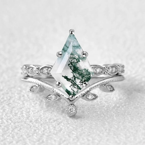 Kite Cut Moss Agate White Gold Leafy Engagement Ring Set 2pcs City Stroll Lifestyle Fit