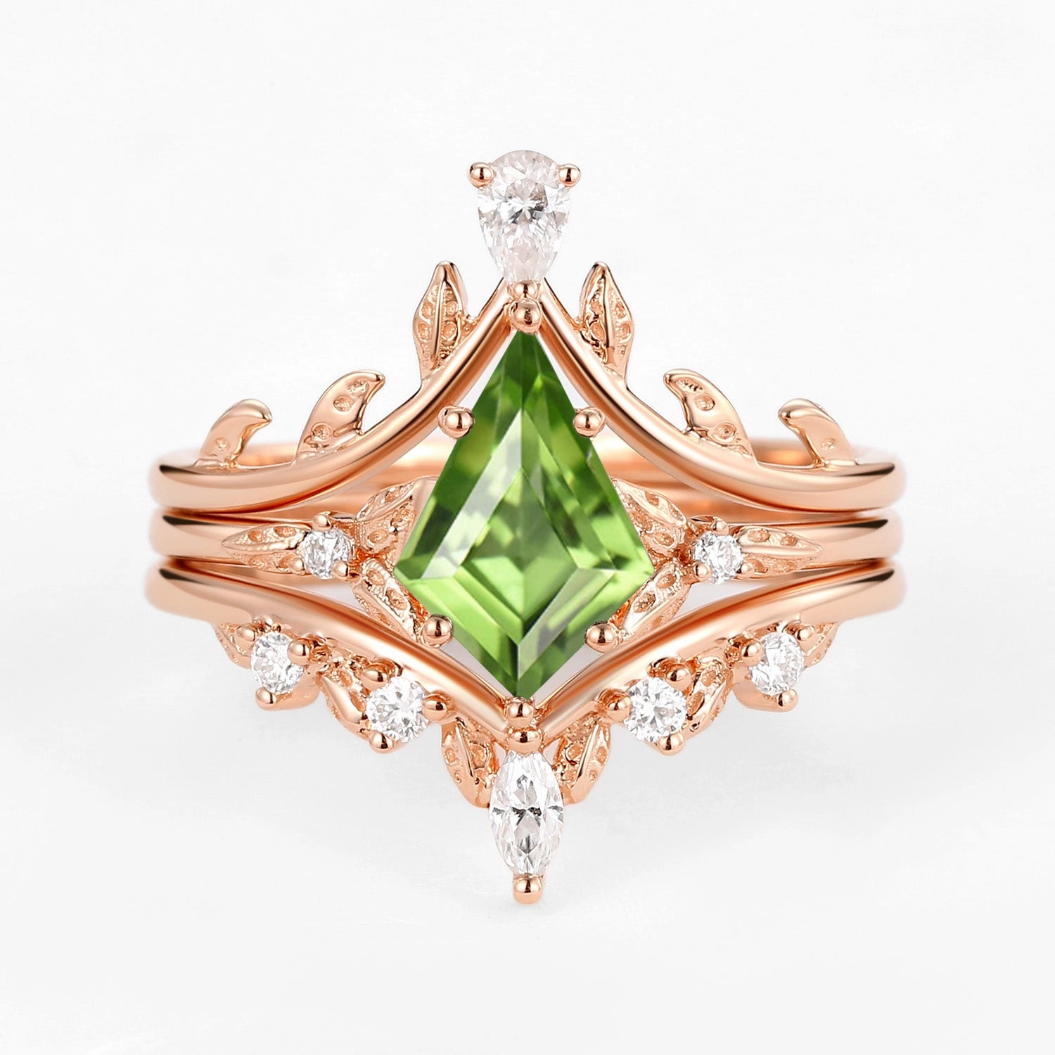 Kite Cut Peridot Leafy Engagement Ring Set 3pcs Radiant Gems Fashion Trend
