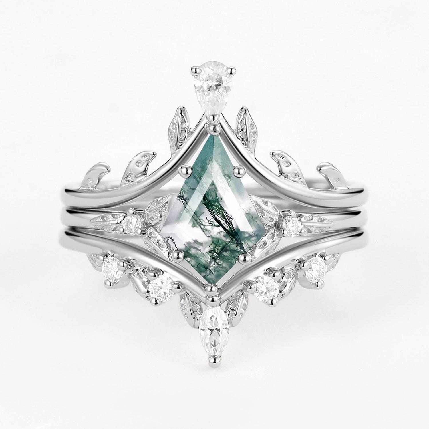 Grace Note Kite Cut Peridot Leafy Engagement Ring Set 3pcs