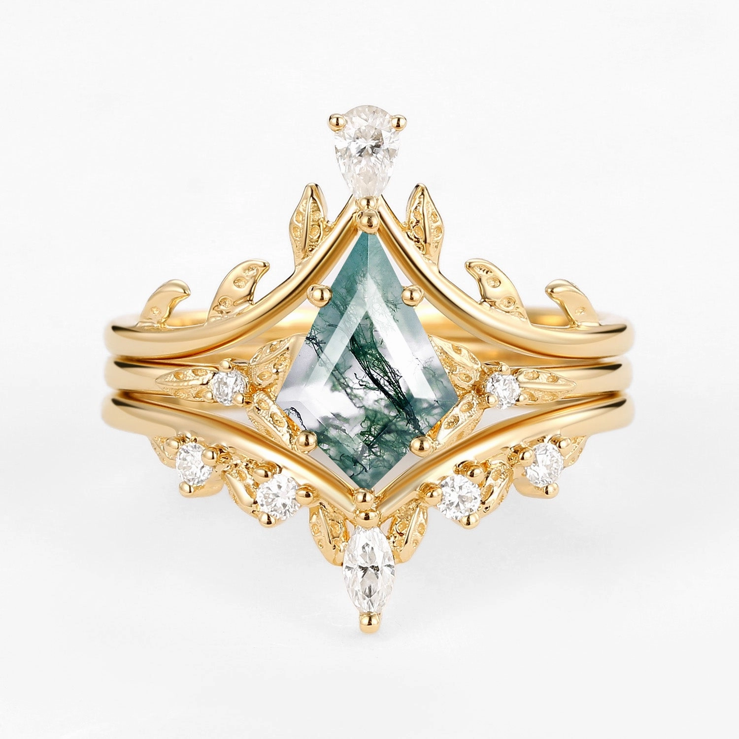 Sparkling Piece Muted Details Kite Cut Peridot Leafy Engagement Ring Set 3pcs