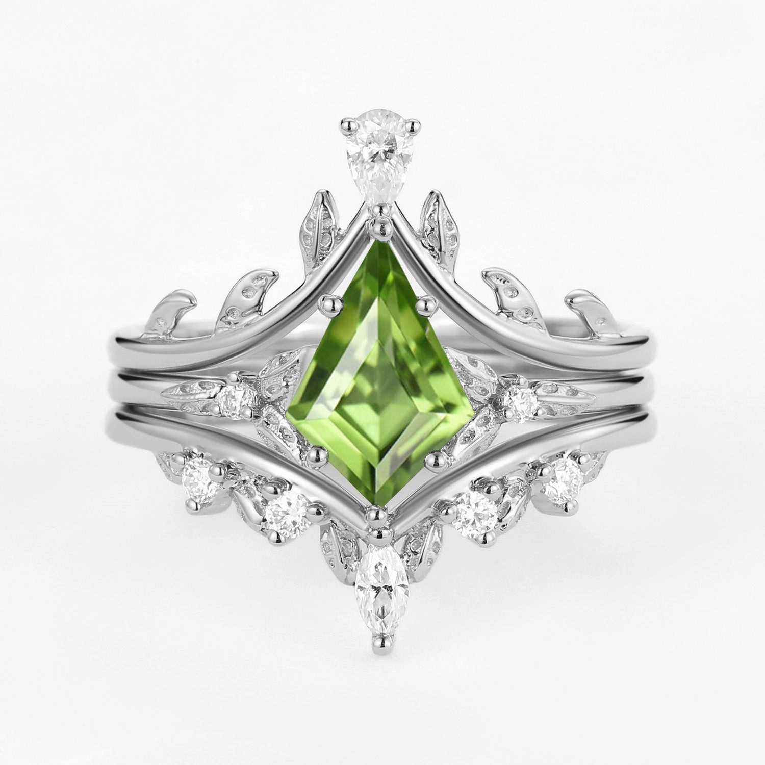 Kite Cut Peridot Leafy Engagement Ring Set 3pcs Charming Jewelry High Shine