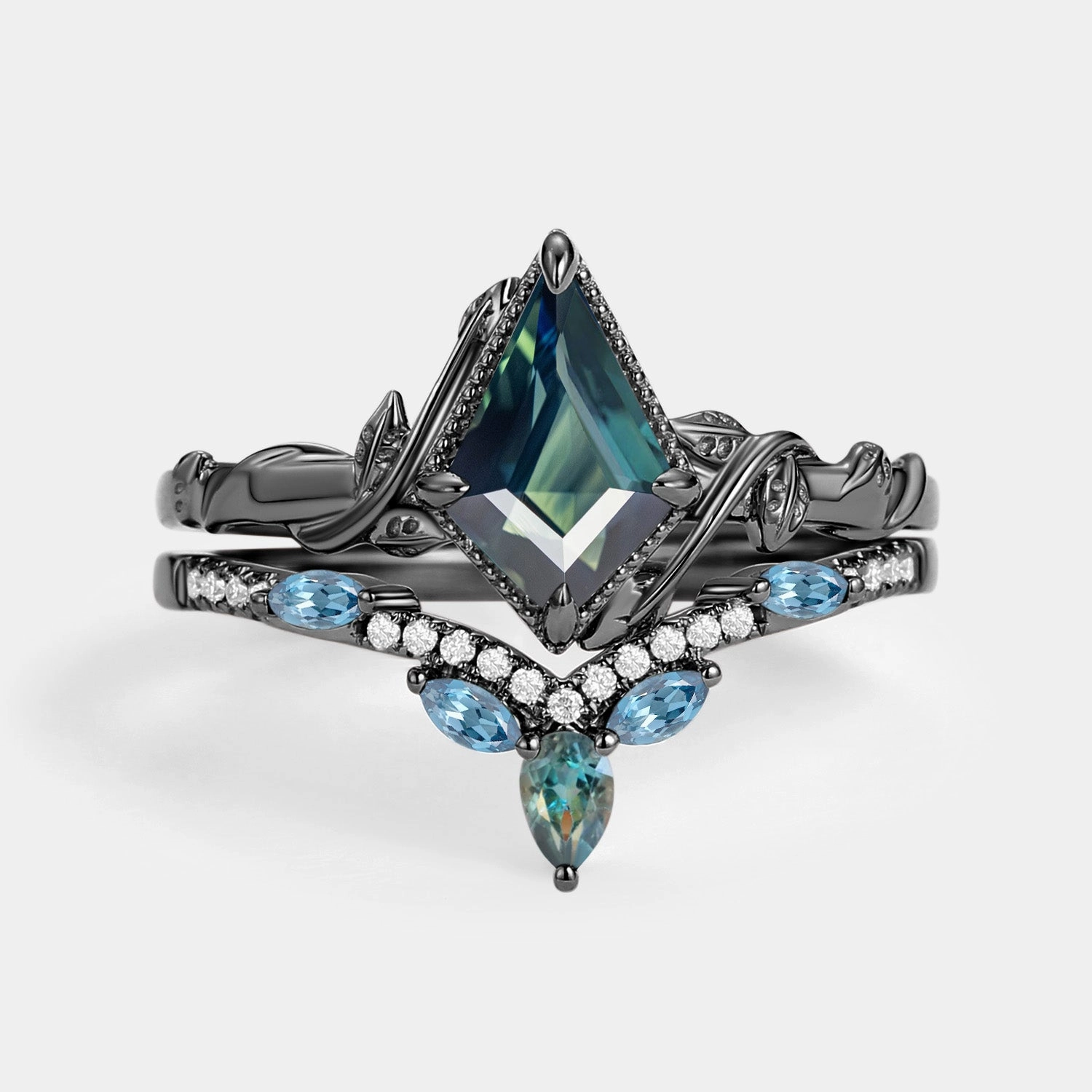 Kite Cut Teal Sapphire & London Blue Topaz Engagement Ring Sets 2pcs - Lark Crisp Accent Chic Feature