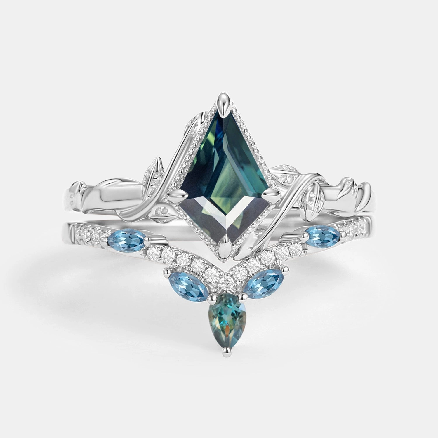 Personalized Style Kite Cut Teal Sapphire & London Blue Topaz Engagement Ring Sets 2pcs - Lark