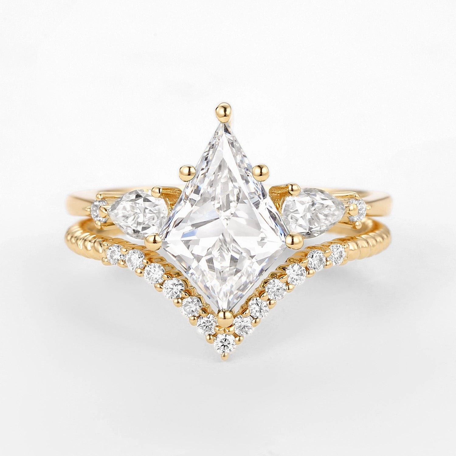 Flawless Finish Kite Moissanite Three Stones Engagement Ring Set 2pcs - Delilah