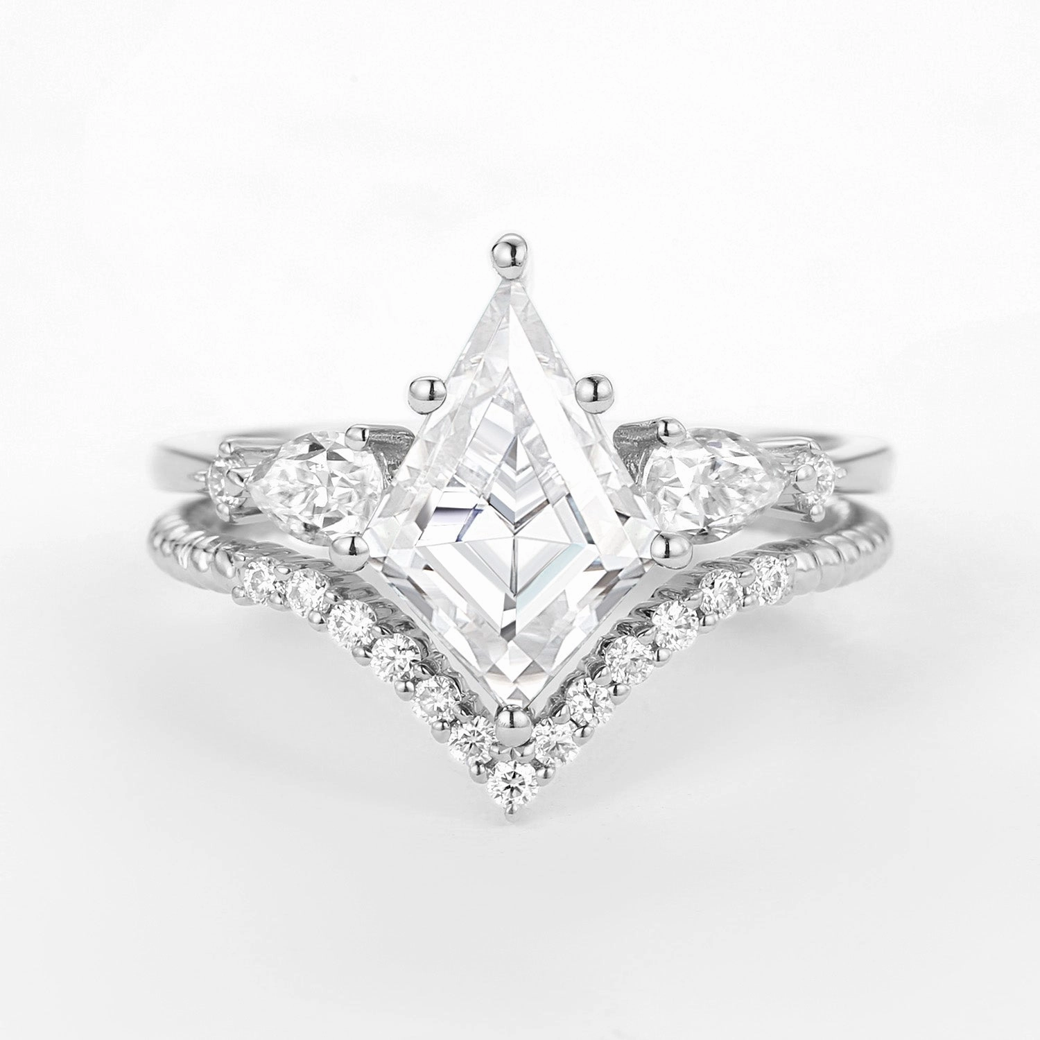 Modern Sparkle Kite Moissanite Three Stones Engagement Ring Set 2pcs - Delilah