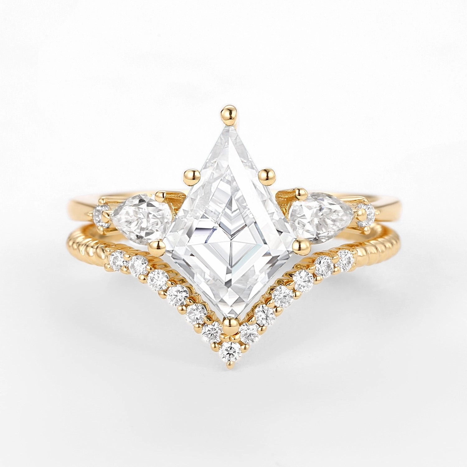 Luxury Impression Bold piece Kite Moissanite Three Stones Engagement Ring Set 2pcs - Delilah