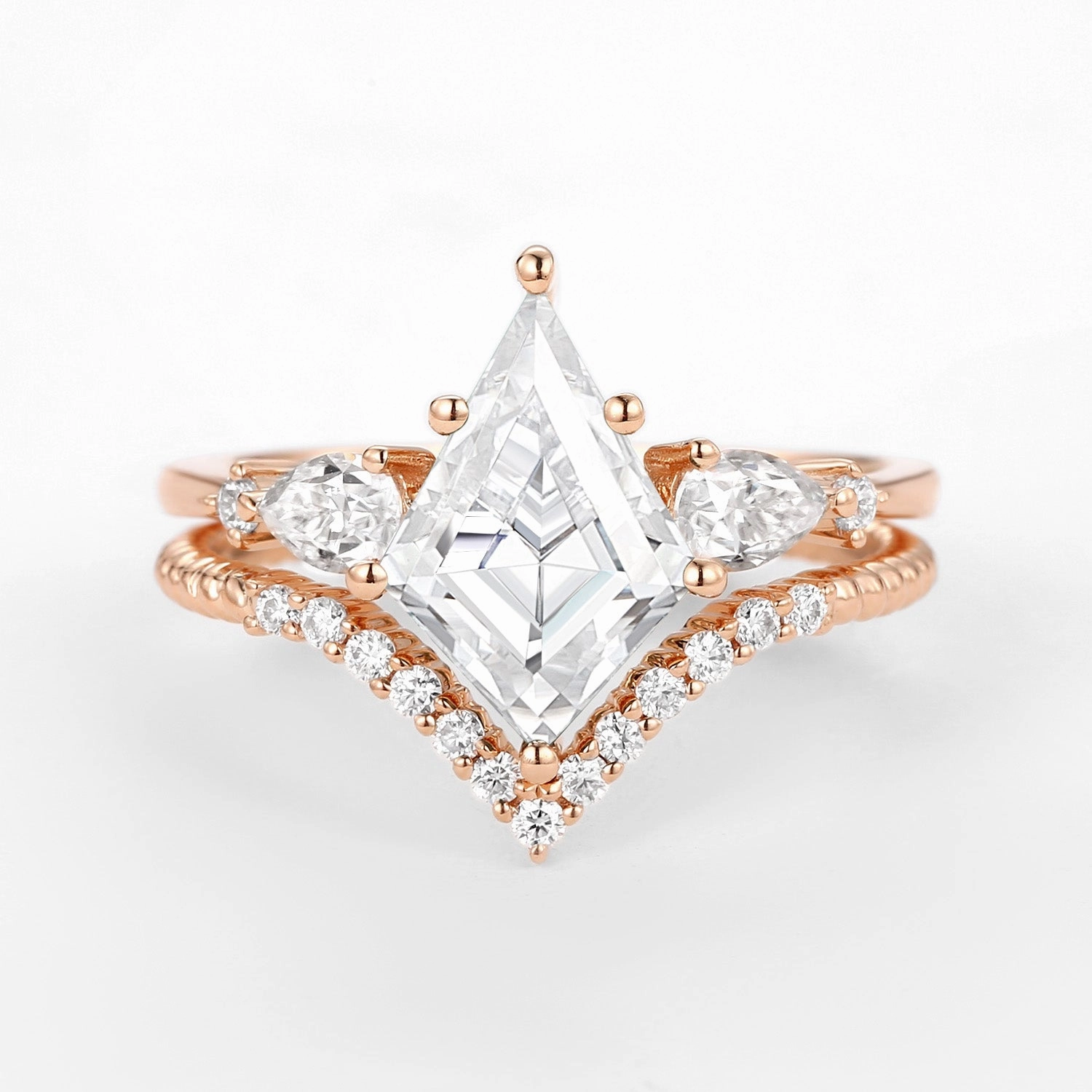 Impeccable Cut Lustrous Edge Kite Moissanite Three Stones Engagement Ring Set 2pcs - Delilah