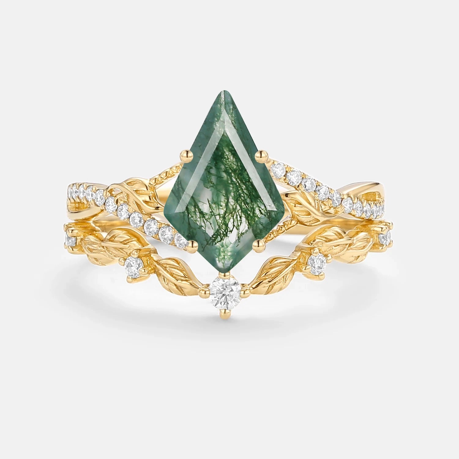 Kite Moss Agate Leafy Engagement Ring Set 2pcs - Syrin Classic Presence Edgy Light