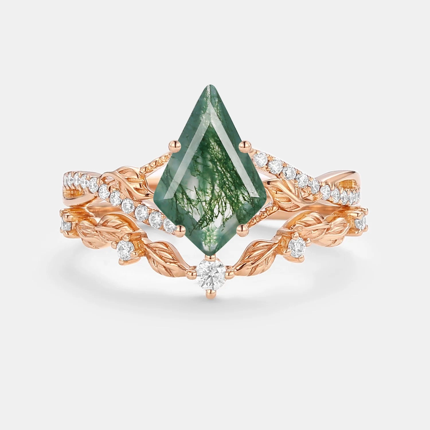 Shimmer Effect Kite Moss Agate Leafy Engagement Ring Set 2pcs - Syrin