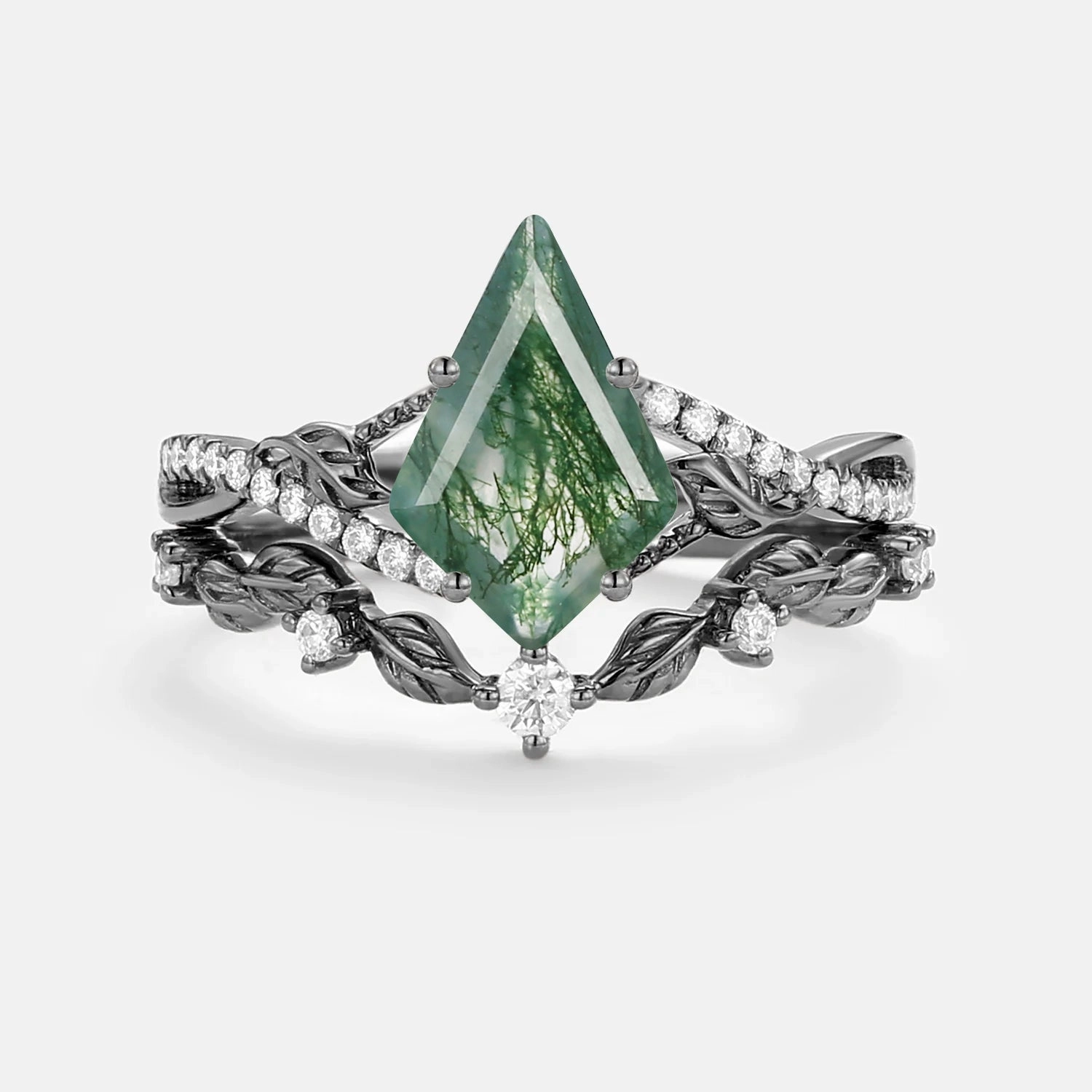 Kite Moss Agate Leafy Engagement Ring Set 2pcs - Syrin Glamourous Piece