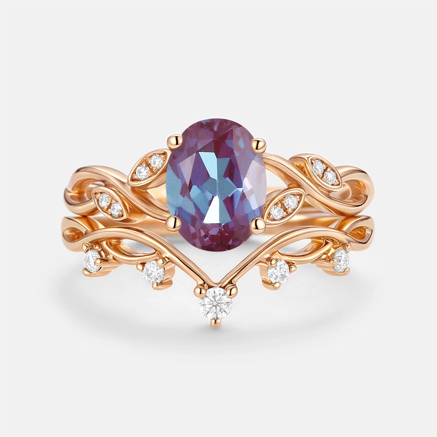 Precious Glow Vivid Touch Lab Alexandrite Oval Cut Leaf Ring Set 2pcs - Eiryn