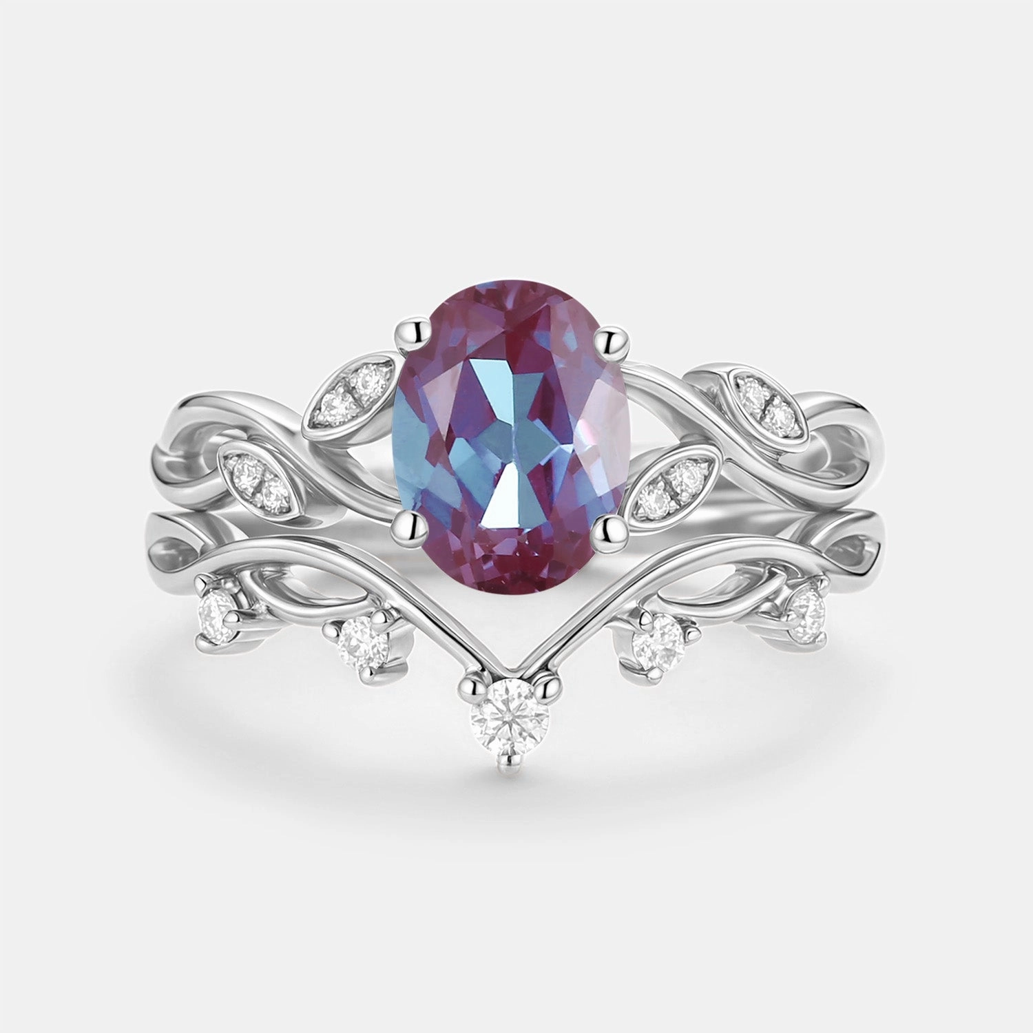 Lab Alexandrite Oval Cut Leaf Ring Set 2pcs - Eiryn Evening Style