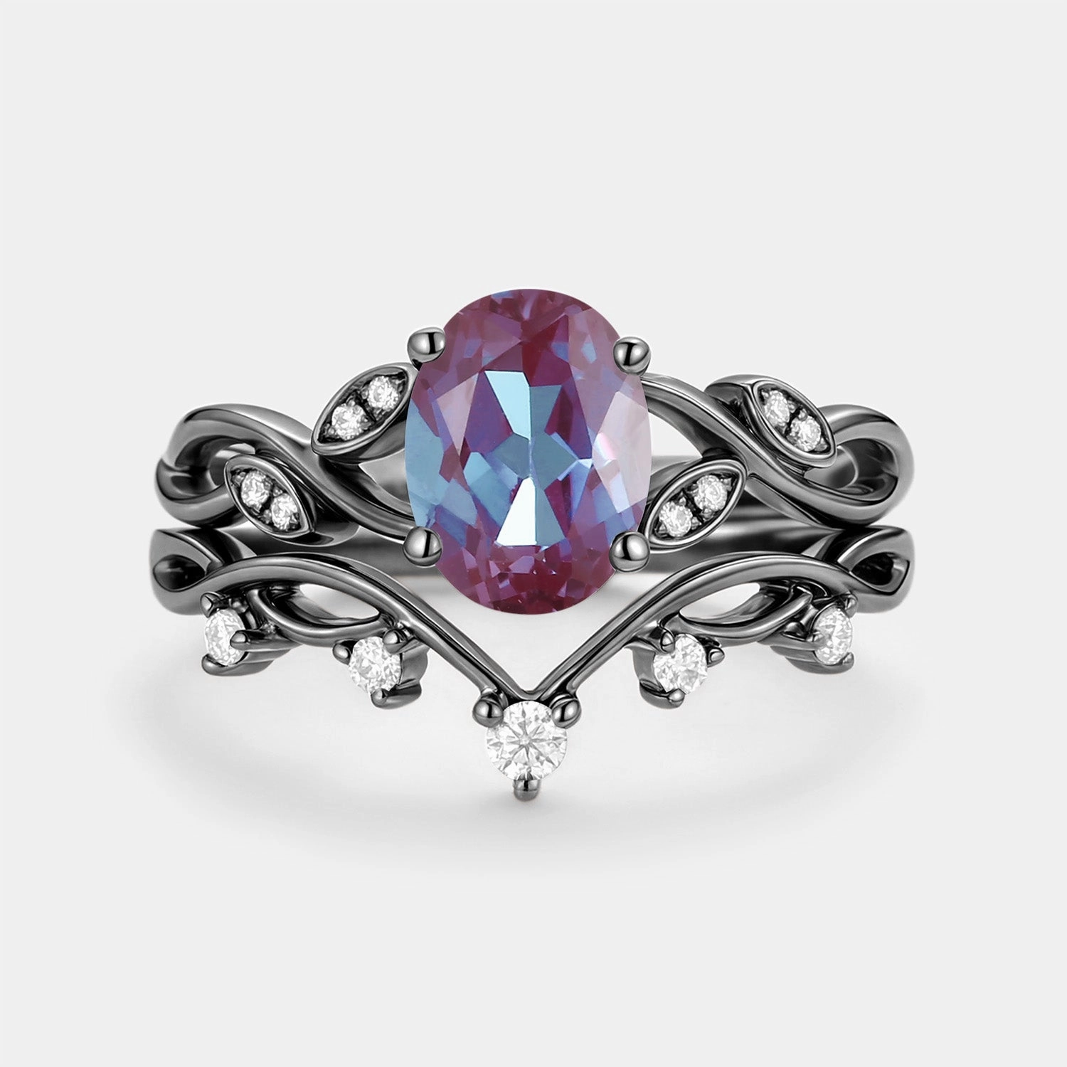 Lab Alexandrite Oval Cut Leaf Ring Set 2pcs - Eiryn Evening Outfit