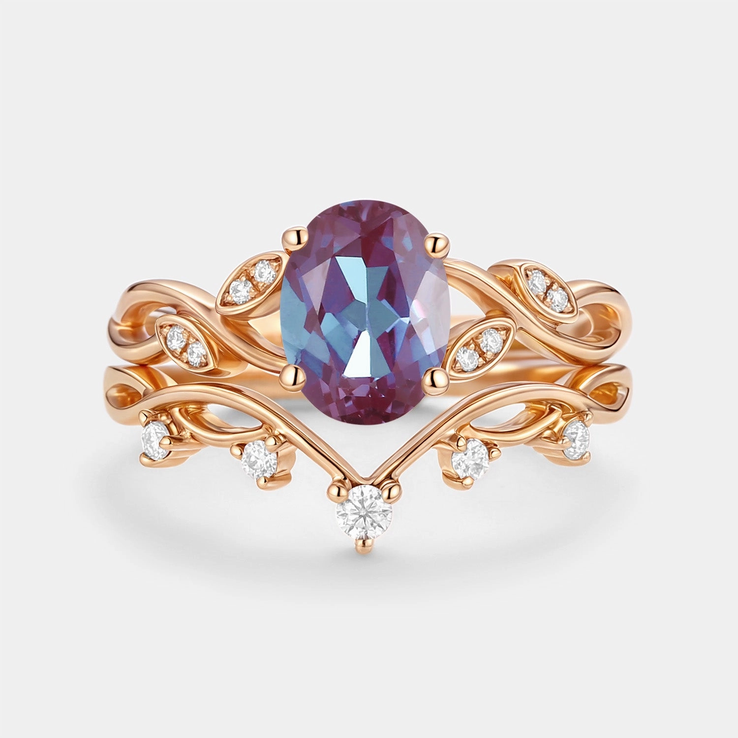 Dainty Sparkle Lab Alexandrite Oval Cut Leaf Ring Set 2pcs - Eiryn