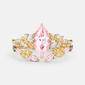 Lab Pink Sapphire Marquise Leafy Engagement Ring Sets 2pcs - Ines Soft Materials Bold Detailing
