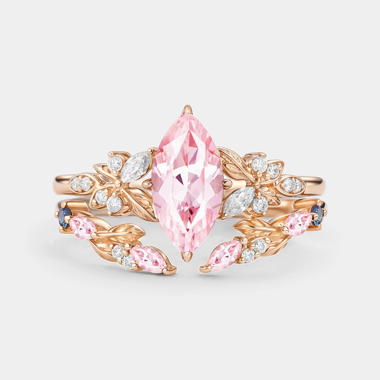 Lab Pink Sapphire Marquise Leafy Engagement Ring Sets 2pcs - Ines Gift Idea Sleek Texture