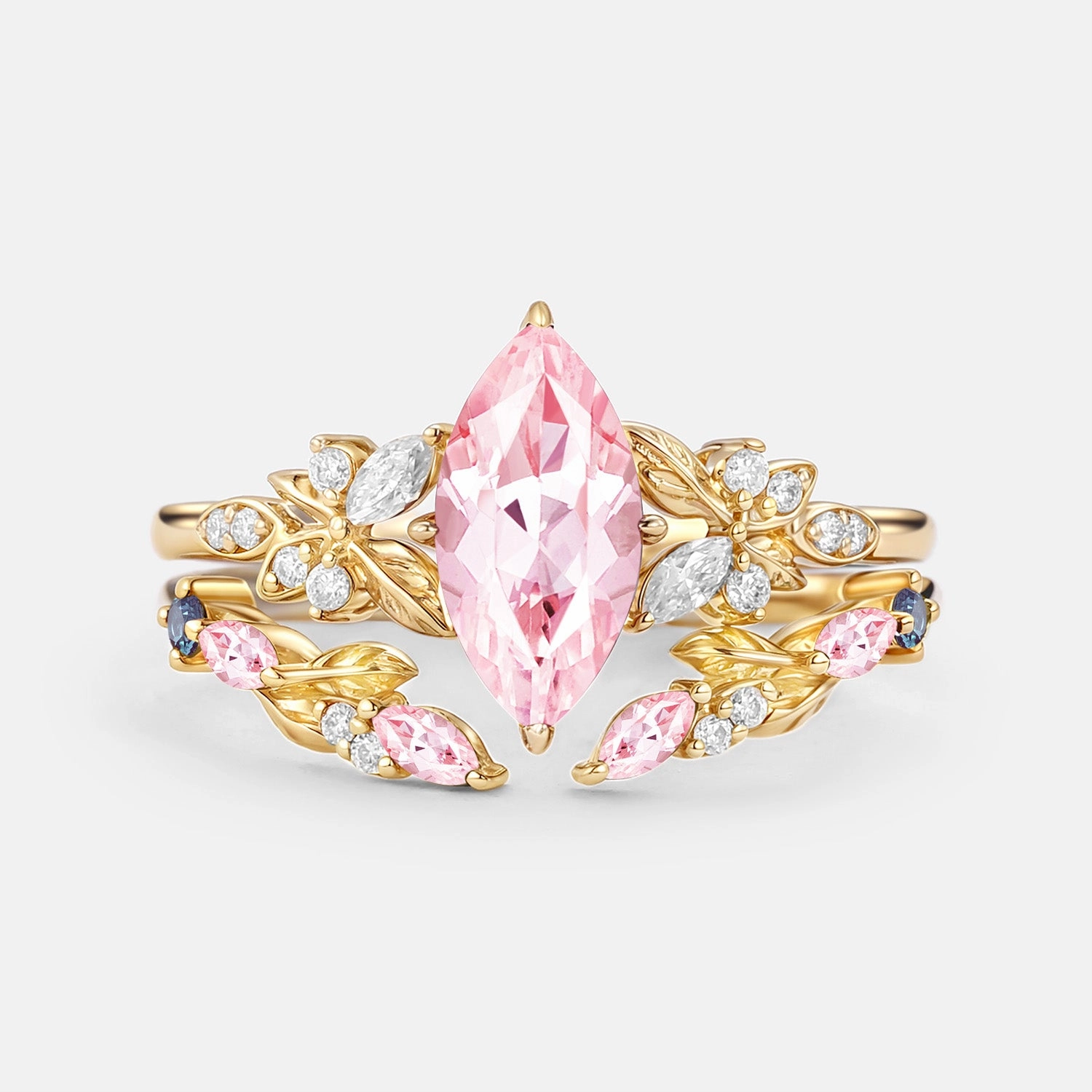 Lab Pink Sapphire Marquise Leafy Engagement Ring Sets 2pcs - Ines Soft Materials Bold Detailing