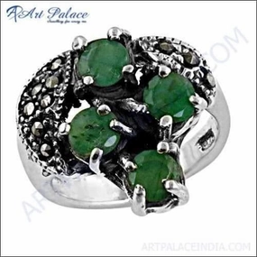Latest Fashionable Emerald Gun Metal Gemstone Silver Marcasite Ring | Graceful Marcasite Rings Collection Balanced Finish Affordable Insignia