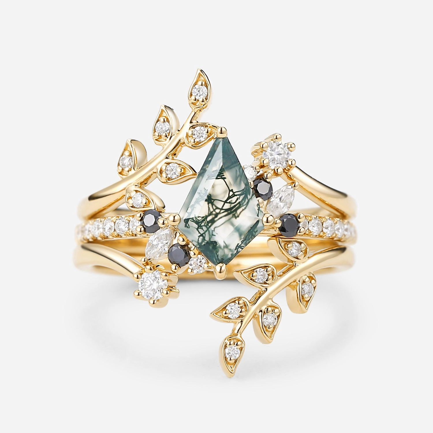 Leafy Kite Cut Moss Agate & Black Moissanite Engagement Ring Set 3pcs Bold Glance