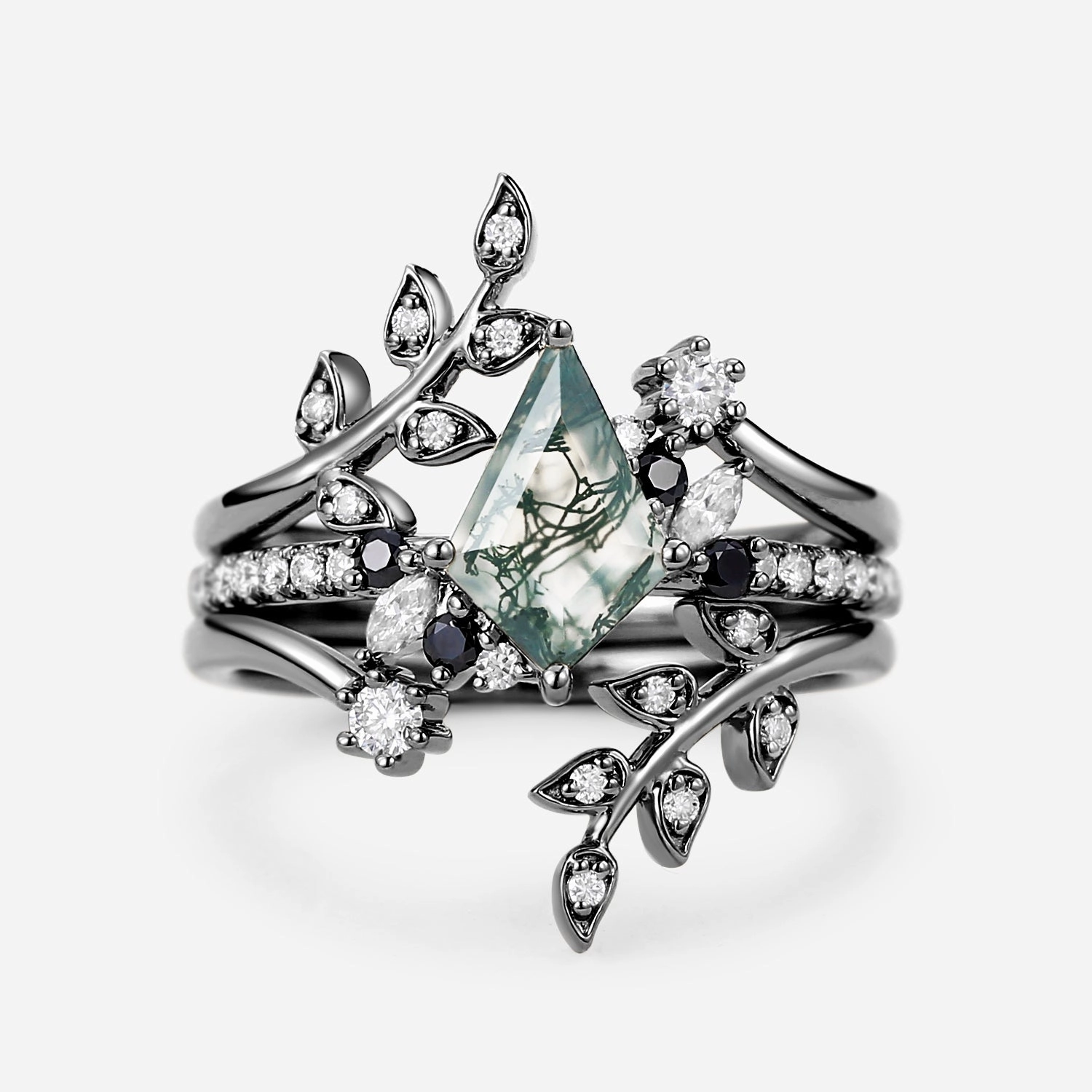 Leafy Kite Cut Moss Agate & Black Moissanite Engagement Ring Set 3pcs Delicate Beauty