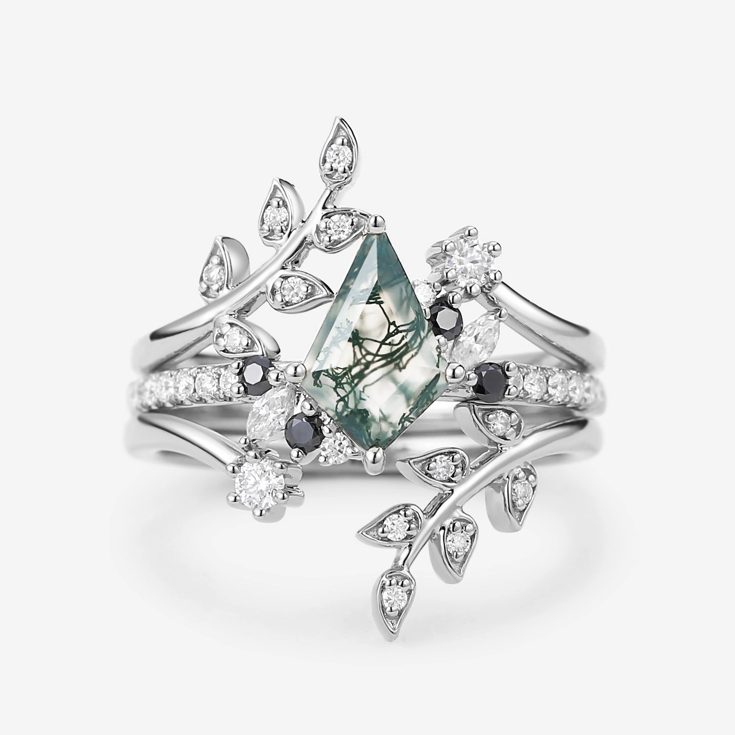 Leafy Kite Cut Moss Agate & Black Moissanite Engagement Ring Set 3pcs Dainty Appeal Chic Gifts