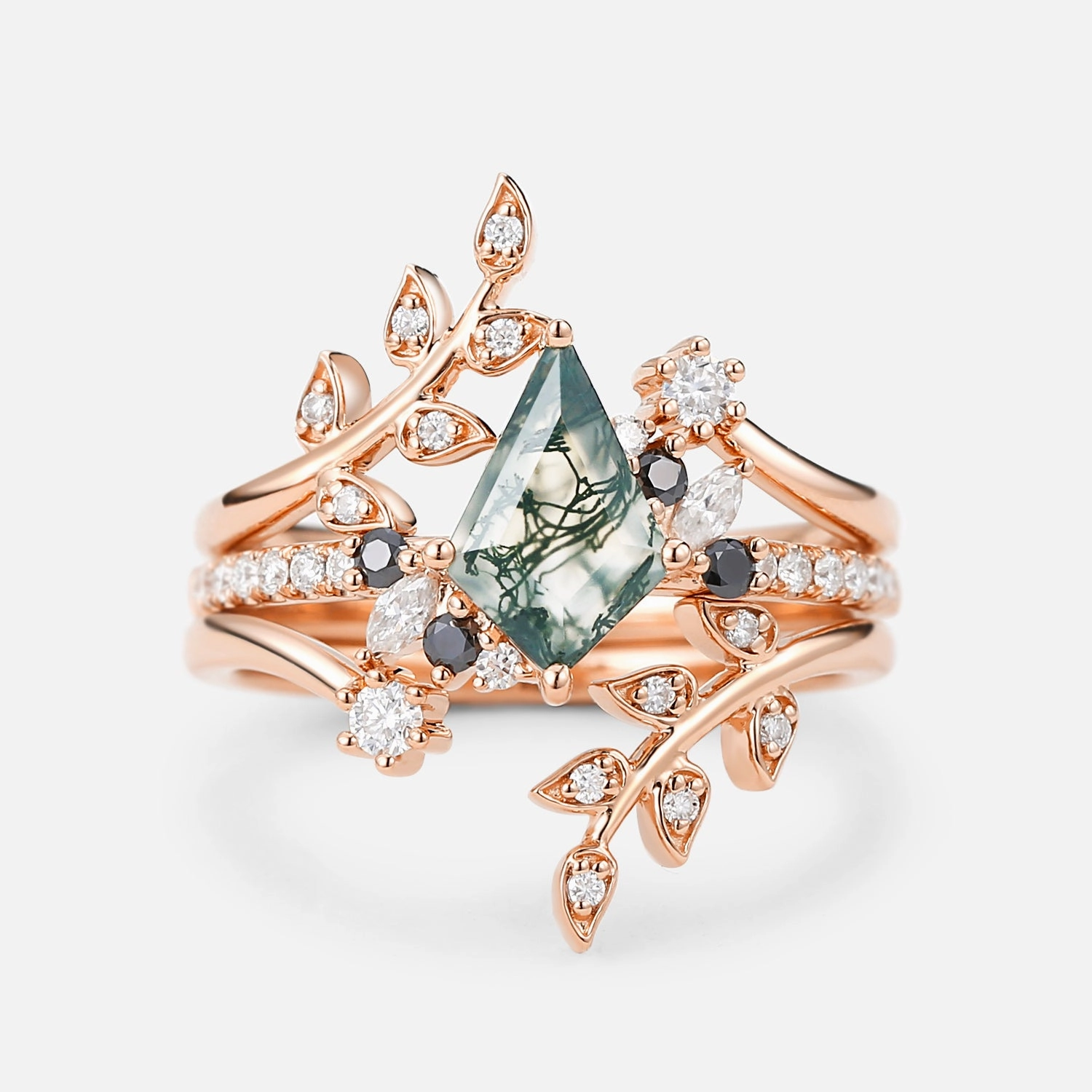 Custom Craftwork Classic Choice Leafy Kite Cut Moss Agate & Black Moissanite Engagement Ring Set 3pcs